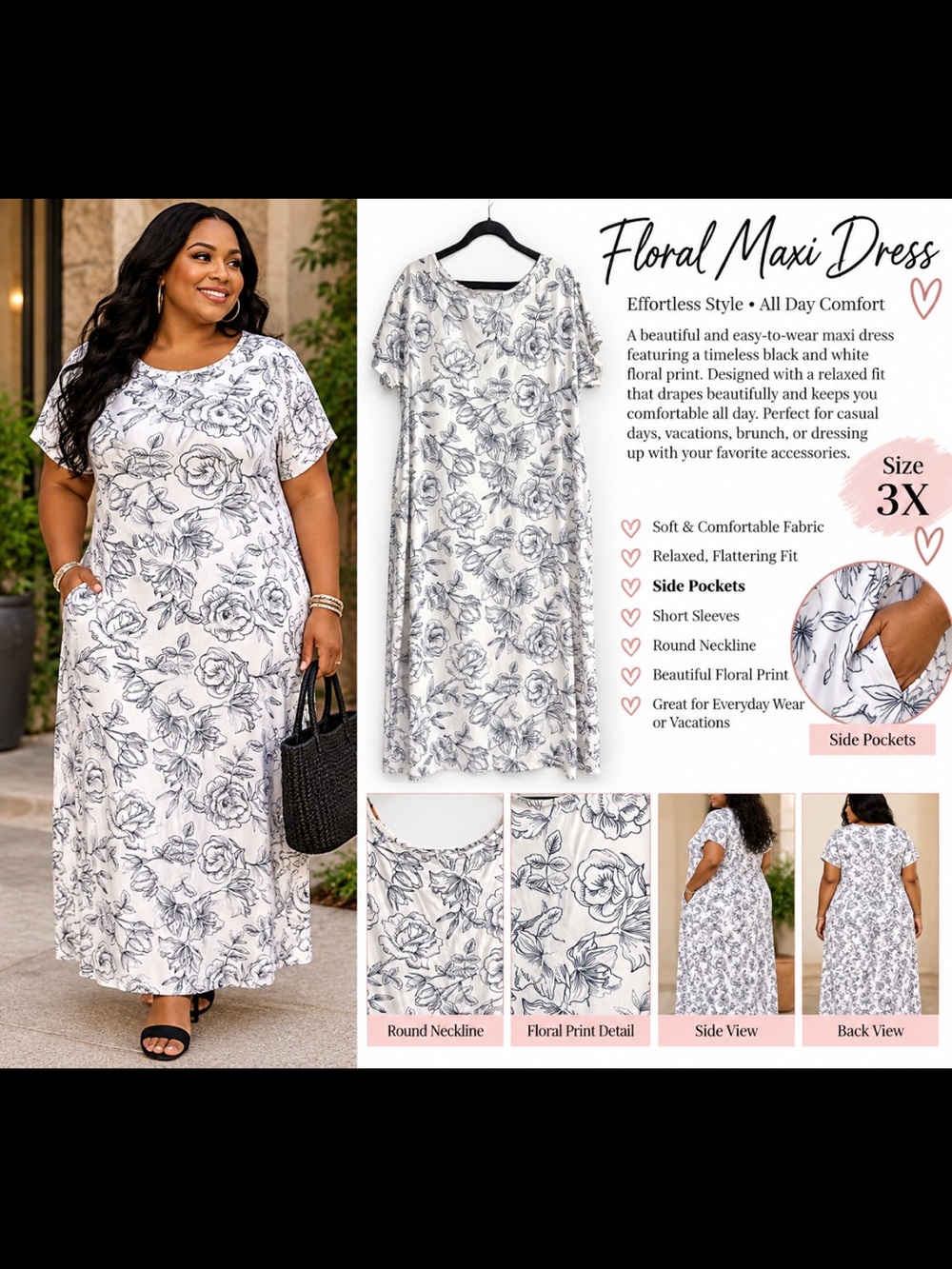 Plus Size White Maxi Dress with Black Floral Print